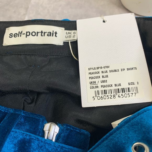 NWT SELF-PORTRAIT Velvet Peacock Blue Double Zip Shorts size 2 - Picture 9 of 15